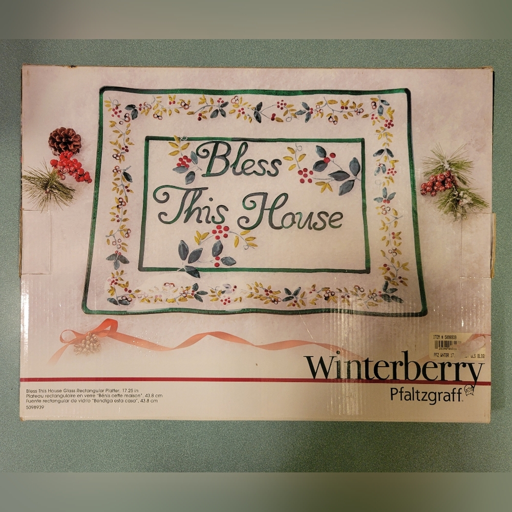Pfaltzgraff Winterberry Bless This House Glass Rectangular Clear Platter 17.25"